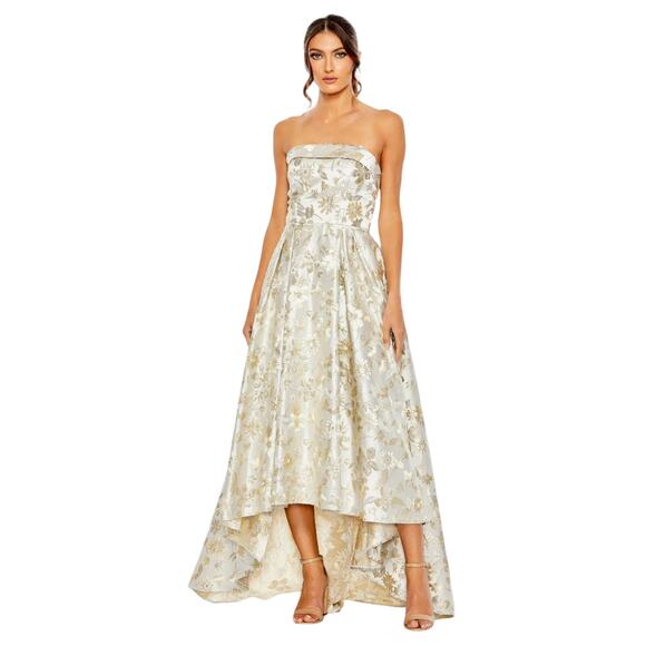Mac Duggal NWT Brocade Strapless Floral High Low Gown in White/Gold Size 10
